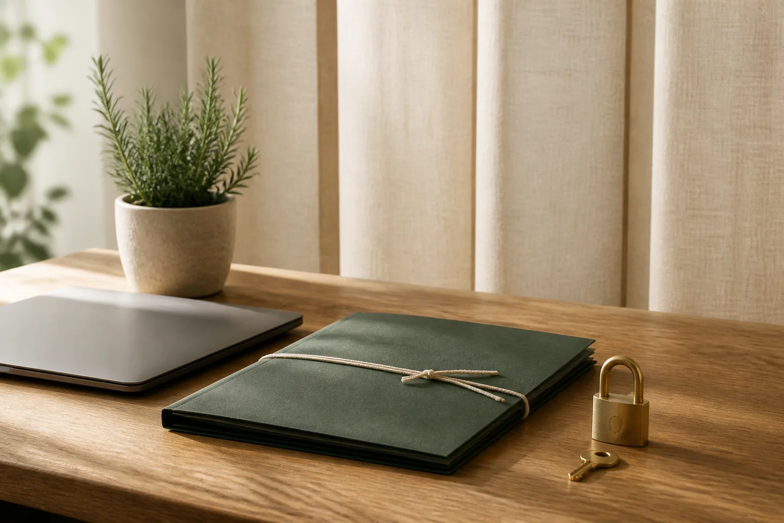 Clean desk with a closed laptop, tied green document folder, brass padlock and key, and a small rosemary plant beside a cream curtain.
