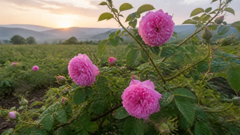 Pink Damask rose flowers, buds, and serrated compound leaves on arching canes in the Bulgarian Rose Valley at dawn.