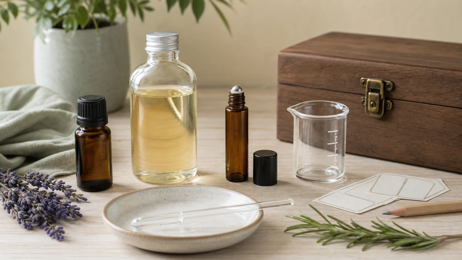 Capped essential oil and carrier oil bottles beside an empty roller bottle, glass pipette, measuring beaker, blank labels, and closed storage box.