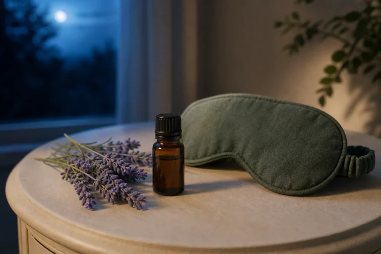 Amber essential oil bottle with lavender and a sage sleep mask in soft nighttime light.