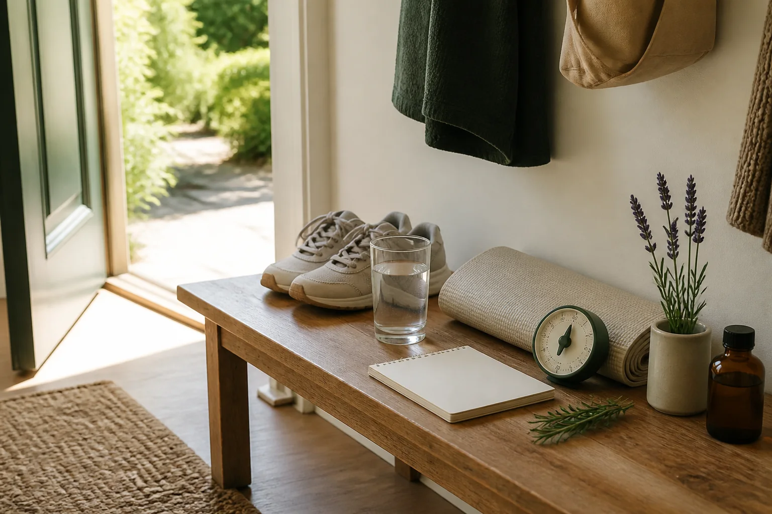 Entryway bench with walking shoes, water, a folded exercise mat, blank notepad, timer, rosemary, lavender, and an unlabeled amber bottle.