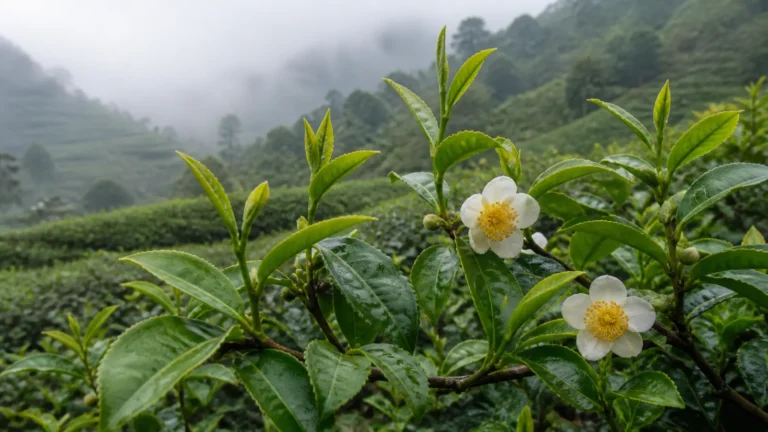 Tea plant branch with glossy serrated leaves, tender young shoots, and white flowers with golden stamens on a misty tea hillside.