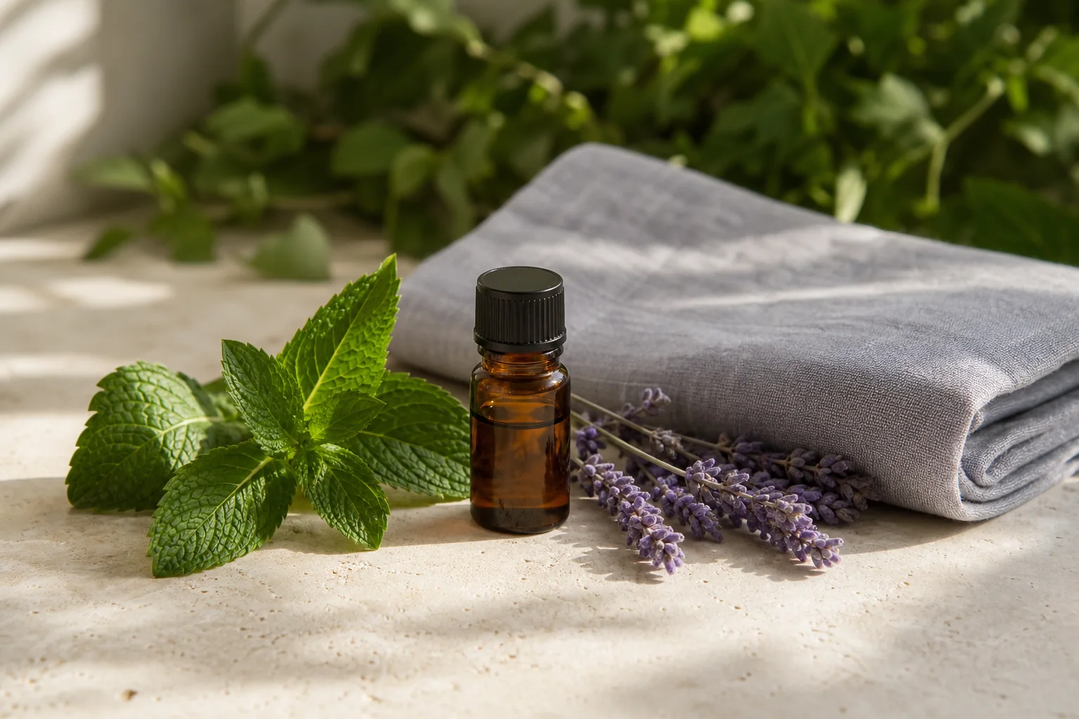Amber essential oil bottle beside peppermint, lavender, and a folded cool gray cloth.
