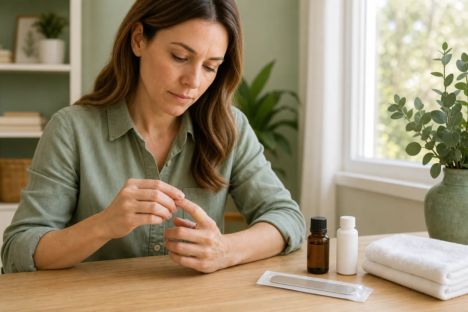 Adult examining a bandaged finger beside an essential oil bottle, an unlabeled wart-treatment bottle, and a packaged emery board.