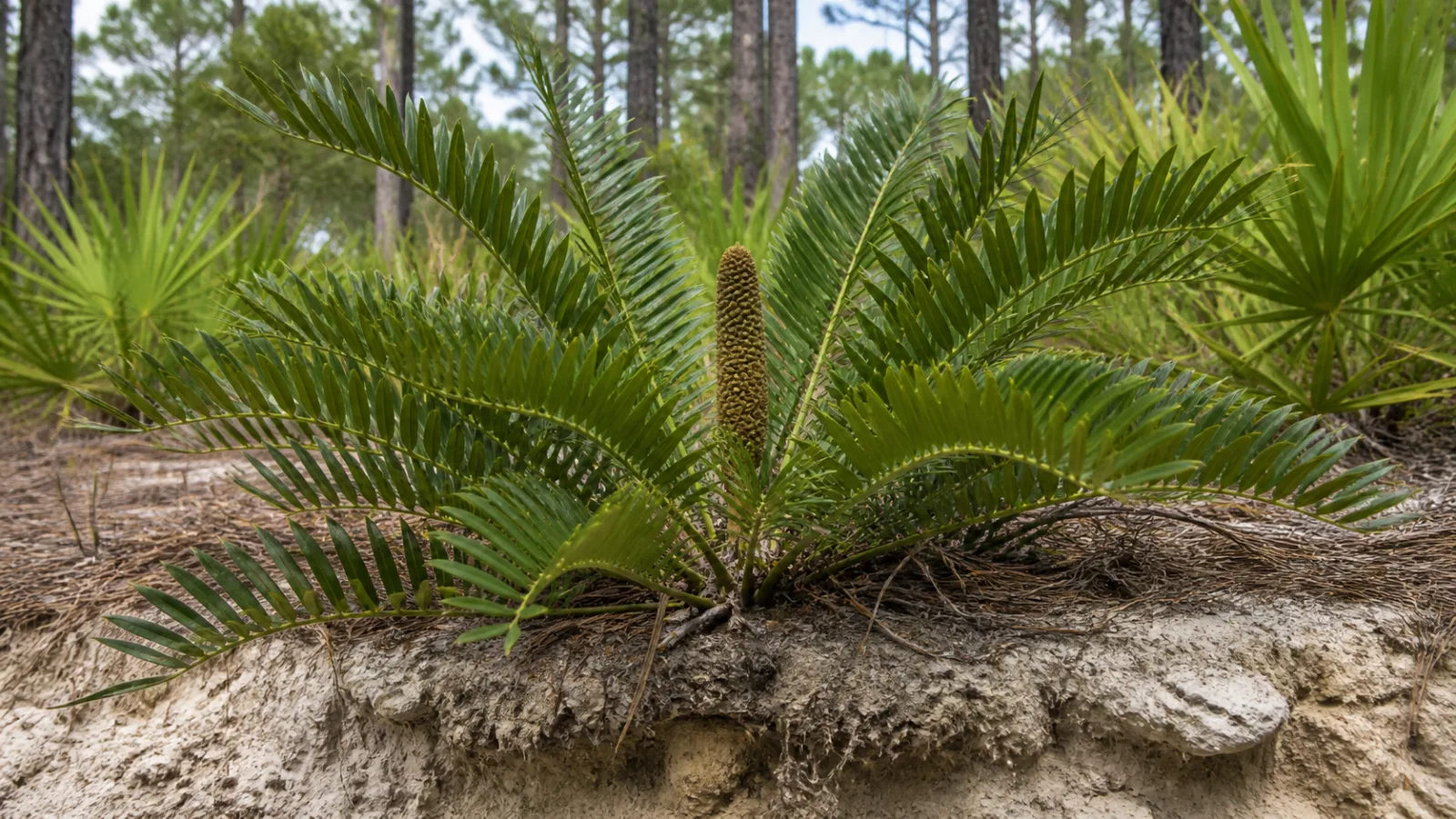 Low coontie cycad with stiff arching pinnate fronds and one upright cone growing in a sandy Florida pine rockland.