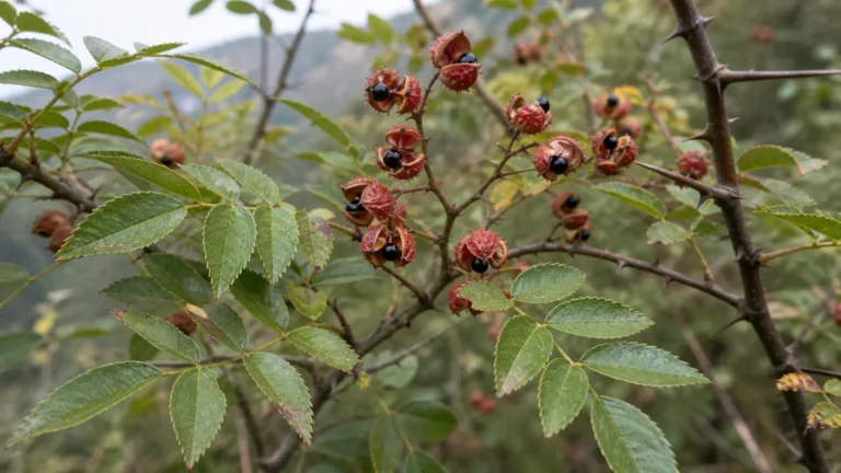Prickly Sichuan pepper branch with pinnate serrated leaves and red split fruit hulls exposing glossy black seeds.
