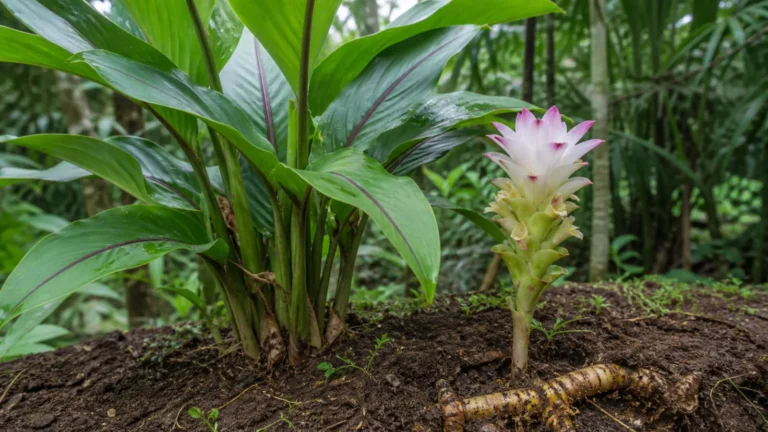 Zedoary plant with broad leaves striped purple along the midrib, a separate pink-tipped flower spike, and a yellow-brown rhizome at the soil edge.
